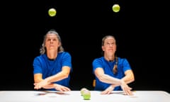 Sean Gandini and Kati Ylä-Hokkala, with juggling balls in the air above their heads