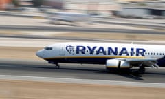 A Ryanair Boeing 737 plane lands at Lisbon’s airport.