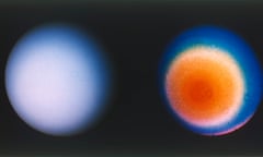 Uranus from Voyager 2 spacecraft. One image is in true colour and the other in false colour. The unmanned Voyager 2 space probe was launched by Nasa in August 1977. 
