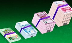 Illustration showing stacks of foreign currency that make up a university building.