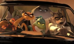 (from left) Ms. Tarantula (Awkwafina), Mr. Snake (Marc Maron), Mr. Shark (Craig Robinson), Mr. Piranha (Anthony Ramos) and Mr. Wolf (Sam Rockwell) in DreamWorks Animation’s The Bad Guys, directed by Pierre Perifel.