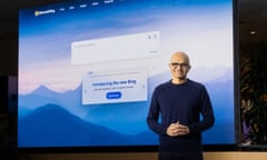 Satya Nadella, Microsoft’s chief executive, at a presentation on the Bing chatbot in February.