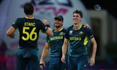 Pat Cummins celebrates with Marcus Stoinis and Mitchell Starc after dismissing Taskin Ahmed of Bangladesh for his hat trick.
