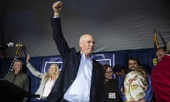 Montana gubernatorial candidate and Republican U.S. Rep. Greg Gianforte raises his fist after the Montana gubernatorial race was called by The Associated Press in Bozeman, Mont., Tuesday, Nov. 3, 2020. (AP Photo/Tommy Martino)