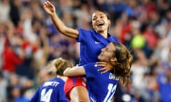 USA’s Sophia Smith celebrates scoring with Tierna Davidson during the second half of the SheBelieves Cup final in Columbus, Ohio.