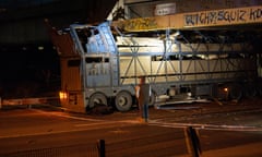 A truck carrying cattle crashed into a rail bridge on Alexandra Avenue near Punt Road in South Yarra on Tuesday night. July 23rd 2024. Melbourne. Australia