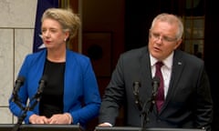 Bridget McKenzie and Scott Morrison speak to the media during a press conference at parliament house.
