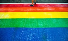 A rainbow-colored crosswalk for Pride Week in Seattle.