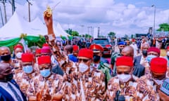 Nigerian President Muhammadu Buhari gestures after cutting an inauguration tape as he commissions projects during his visit to Imo State, Nigeria September 9, 2021. Nigerian Presidency/Handout via REUTERS THIS IMAGE HAS BEEN SUPPLIED BY A THIRD PARTY.