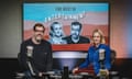 Richard Osman and Marina Hyde smiling in behind a desk with microphones and a screen of their faces under the title The Rest Is Entertainment.