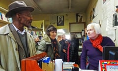 Sarah White, right, at the New Beacon bookshop in 2014 with the poet Linton Kwesi Johnson and the author Pauline Melville.