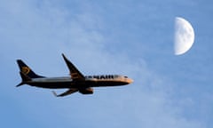 A Ryanair plane in flight.