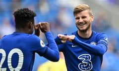 Timo Werner celebrates with Callum Hudson-Odoi after scoring for Chelsea in the friendly at Brighton.