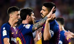 Luis Suárez celebrates with Lionel Messi after the Uruguayan scored Barcelona’s eighth from the penalty spot.