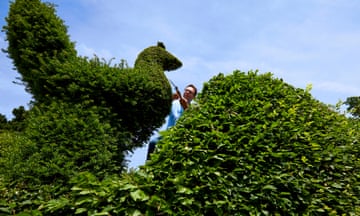 Topiary designer Darren Lerigo clipping yew and box at Balmoral Cottage in Benenden, Kent.