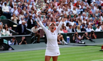 Barbora Krejcikova celebrates after defeating Elena Rybakina to reach her first Wimbledon singles final