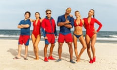 BAYWATCH<br>(L-R) Jon Bass plays Ronnie, Alex Daddario plays Summer, Zac Efron plays Matt Brody, Dwayne Johnson plays Mitch Buchannon, Kelly Rohrbach plays CJ Parker, and Ilfenesh Hadera plays Stephanie Holden in BAYWATCH; the film by Paramount Pictures