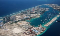 Aerial view of Hulhumalé island in the Maldives with its blue water and sandy beaches