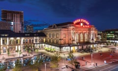 Denver’s Union Station, at night; the hub of its rejuvenated downtown. Colorado, US.