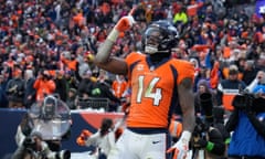 Denver Broncos wide receiver Courtland Sutton celebrates after scoring during the second half of his team’s victory over the Kansas City Chiefs