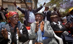 Claimants Jane Muthoni Mara, Wambugu Wa Nyingi and Paulo Muoka Nzili celebrate in Nairobi after the 2012 high court ruling allowing them to proceed with compensation claims against the UK government.