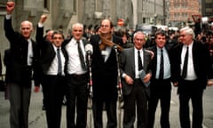 The Birmingham Six (left to right) John Walker, Paddy Hill. Hugh Callaghan, Chris Mullen MP, Richard McIlkenny, Gerry Hunter and William Power, outside the Old Bailey in London on  14/03/91, after their convictions were quashed