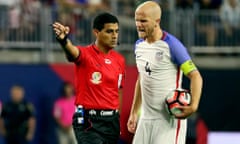 Michael Bradley argues with the referee during the US defeat to Argentina