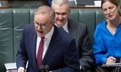 The Prime Minister Anthony Albanese during question time in the house of represenatrives chamber of Parliament House in Canberra this afternoon. Wednesday 7th February 2024. Photograph by Mike Bowers. Guardian Australia.