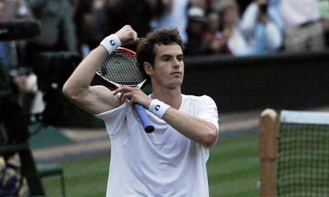 Andy Murray celebrates his win at match point against Richard Gasquet on Centre Court in 2008.