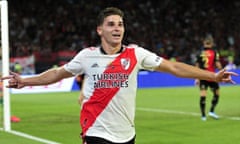 Julián Álvarez celebrating after scoring for River Plate against Colon in December.