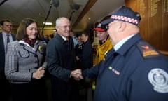 Malcolm Turnbull greets volunteer firefighters with Sarah Henderson at a Volunteers Fire Brigade Victoria breakfast event in Geelong