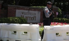 Secretive Bilderberg Conference Begins 2017 Meetings In Virginia<br>CHANTILLY, VA - JUNE 01: A member of Fairfax County Police stands guard at the entrance of Westfield Marriott Hotel where the Bilderberg Meeting takes place June 1, 2017 in Chantilly, Virginia. The secretive group meeting has invited at least 131 world elites to participate in this yearÕs four-day event which, according to the group’s website, with “no detailed agenda, no resolutions are proposed, no votes are taken, and no policy statements are issued.” (Photo by Alex Wong/Getty Images)