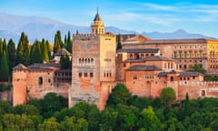 The Alhambra aerial panoramic view in Granada, Spain<br>The Alhambra aerial panoramic view. The Alhambra is a fortress complex located in Granada city, Andalusia region in Spain.