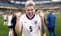 Millie Bright of England celebrates after the UEFA Women's EURO 2025 qualifying match between Sweden and England.