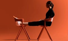 A woman sitting on an orange plastic chair with her feet on another – and an orange background