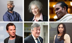 clockwise from top left: Inua Ellams, Margaret Atwood, Fernando Montaño, Shahidha Bari, Stephen Fry and Benedict Cumberbatch.