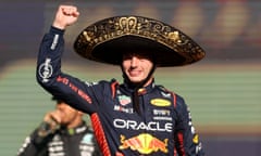 Red Bull's Max Verstappen celebrates on the podium after winning the Mexico Grand Prix.