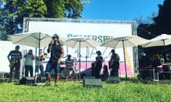 In this outdoor image on a sunny day, Baba Soul and band perform at the Out festival, Lisbon, Portugal.