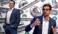 Composite of Pascal Soriot and Sundar Pichai over a backdrop of novelty £1m dollar notes