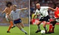 The Netherlands’ Ruud Gullit with England’s Gary Stevens in 1988 and England’s Paul Gasgcoigne with the Netherlands’ Winston Bogarde in 1996