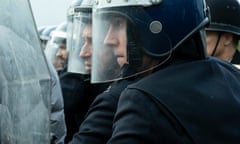 Frontline duty … Tom Glenister as young Kevin Salisbury in a riot of police in riot gear