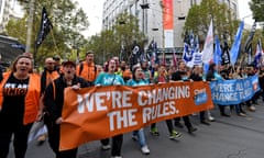 Protest for higher minimum wage and better work conditions in Melbourne<br>epa06720777 Union workers protest for better pay and more secure jobs in Melbourne, Australia, 09 May 2018. Thousands of workers have blocked off part of Melbourne's central business district (CBD), stating that Australian Prime Minister Malcolm Turnbull can keep the federal coalition's slated tax cuts for low and middle income workers. The rally is part of a nationwide campaign demanding better work conditions and pay. EPA/JOE CASTRO AUSTRALIA AND NEW ZEALAND OUT