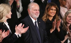 Rush Limbaugh with Melania Trump at the president’s state of the union address, where Limbaugh was awarded the presidential medal of freedom.