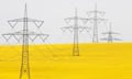 Electricity pylons in a blooming rapeseed field