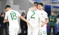 Matt Doherty is consoled by Robbie Brady and Shane Long after his penalty hit the bar to end the Republic of Ireland’s hopes of reaching Euro 2020.