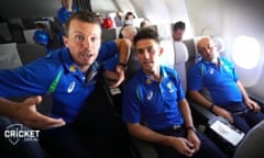 Peter Siddle and Mitchell Marsh prepare to grill their coach, Darren Lehmann. Photograph: cricket.com.au