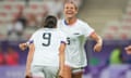 Trinity Rodman and Mallory Swanson celebrate one of the USWNT’s three goals in their opening win over Zamia at the Paris Olympics