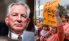 a side-by-side image of Tommy Tuberville and a rally showing a woman holding a sign that reads "IVF made me a mom"