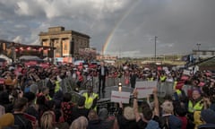 Somewhere under the rainbow: Jeremy Corbyn at a rally in Birmingham on Tuesday evening.