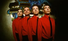 Kraftwerk In Front Of World Time Clock In Keio Plaza Hotel<br>Kraftwerk in front of world time clock in Keio Plaza Hotel, Tokyo, September 1981. (Photo by Koh Hasebe/Shinko Music/Getty Images)